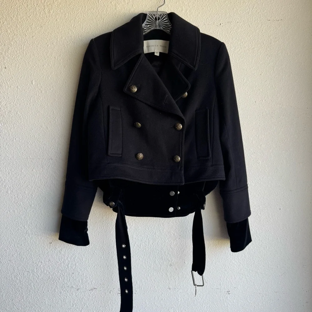 Veronica Beard Black YARA DOUBLE-BREASTED PEA-COAT JACKET with Velvet Hem Size 0 - Picture 4 of 8